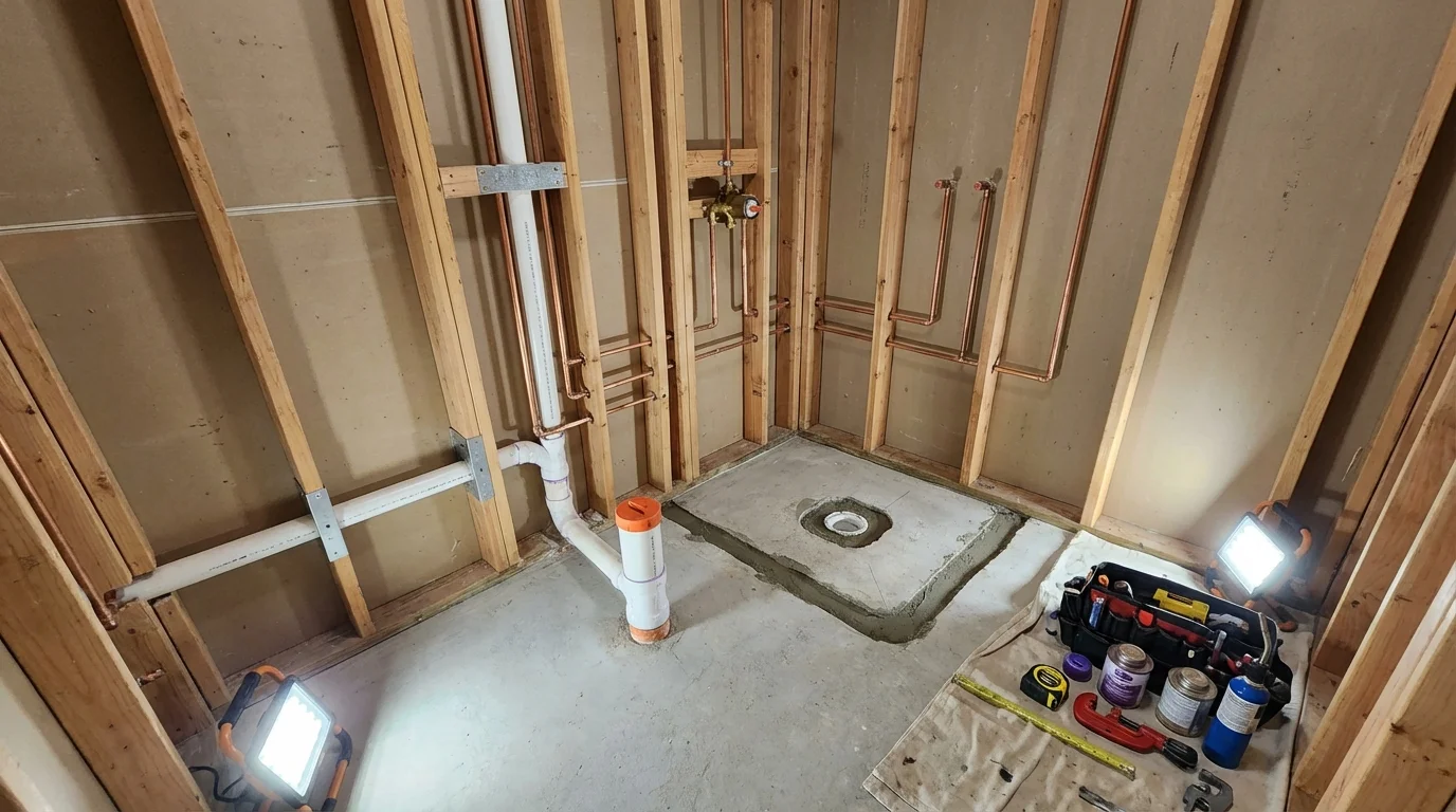 Bathroom rough-in plumbing during remodel by Johns Plumbing LLC in Winthrop Harbor