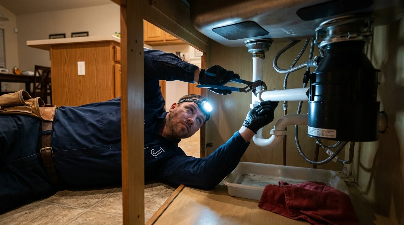 P-trap and supply line connections under a kitchen sink showing a common leak point in Winthrop Harbor, IL